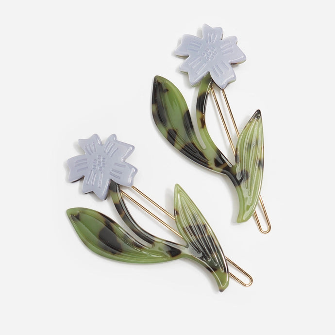 Purple Flower with Green Tortoise Chicory Barrette Set