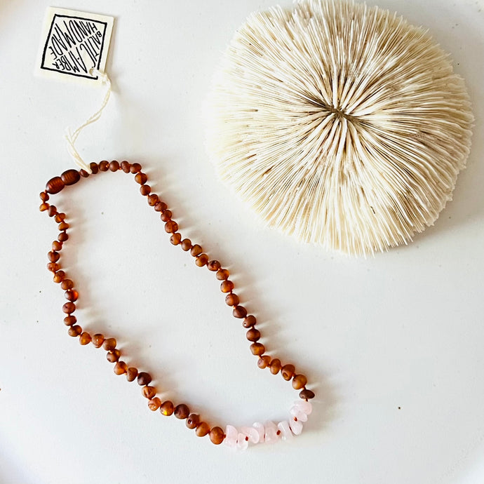 Raw Cognac Amber + Raw Rose Quartz Necklace