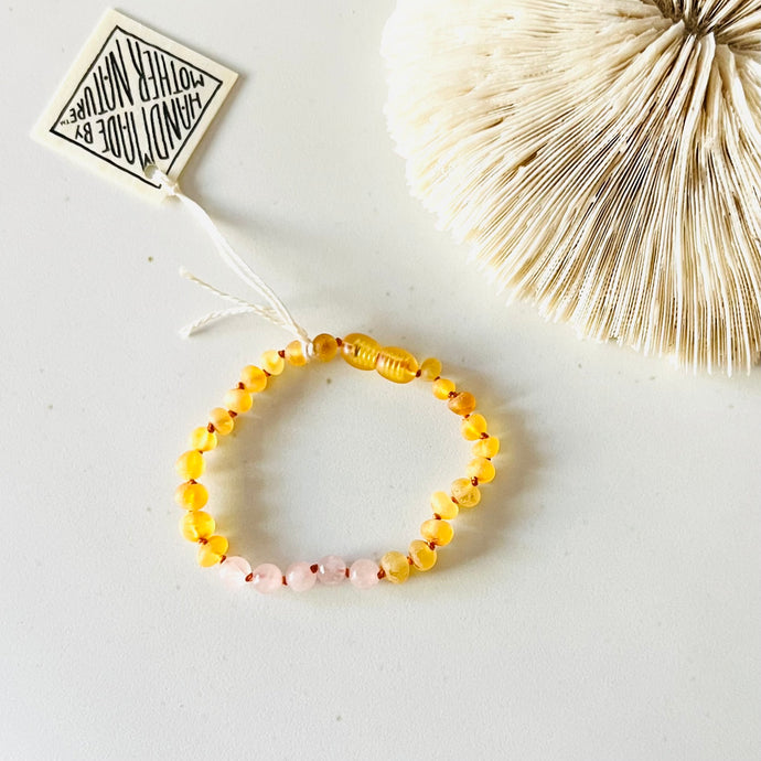 Raw Honey Amber + Rose Quartz Bracelet